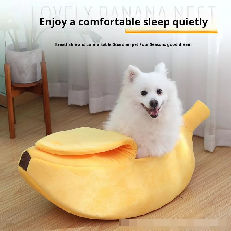 "Banana Shaped Pet Bed – Cozy Semi-Closed Nest for Cats, Dogs, and Small Pets"